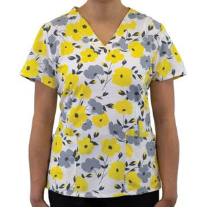 Sunshine Blossoms Printed Curved V-Neck Top Lavie Scrubs