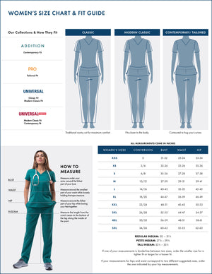 Size chart Adar Women's Modern V-Neck Scrub Top